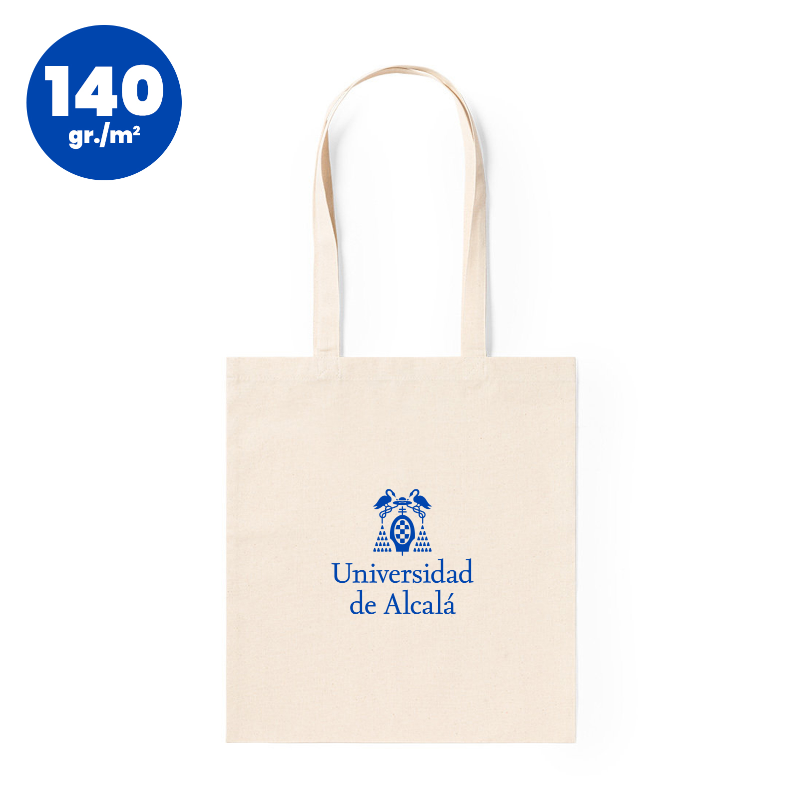 Tote bag de algodón reutilizable con el logotipo oficial de la Universidad de Alcalá.