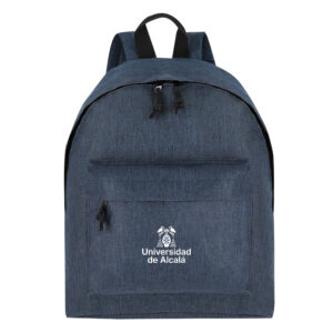 Mochila azul compacta de la Universidad de Alcalá con bolsillo frontal.