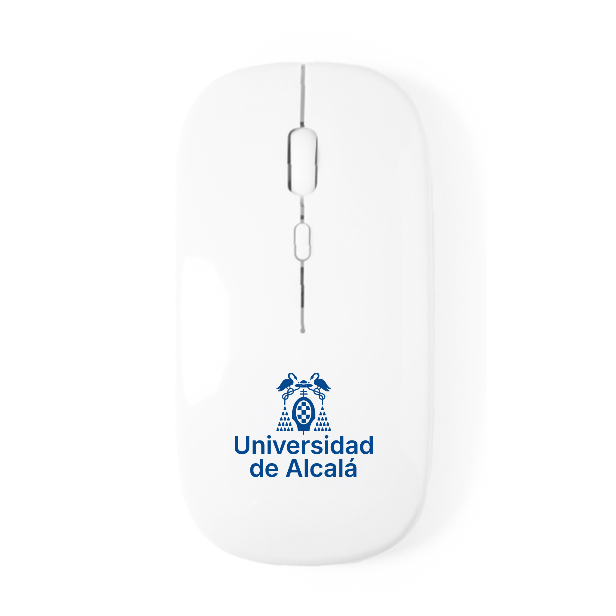Ratón inalámbrico recargable blanco con logotipo azul de la Universidad de Alcalá.