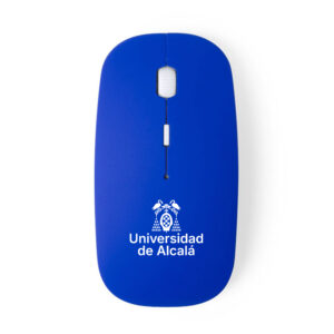 Ratón inalámbrico azul con logotipo blanco de la Universidad de Alcalá.