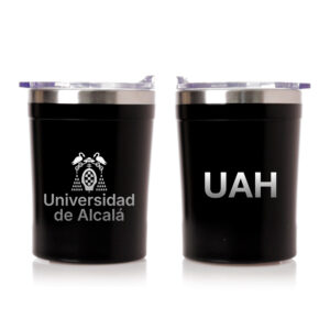 Vaso térmico negro de la Universidad de Alcalá personalizado con escudo y siglas UAH.