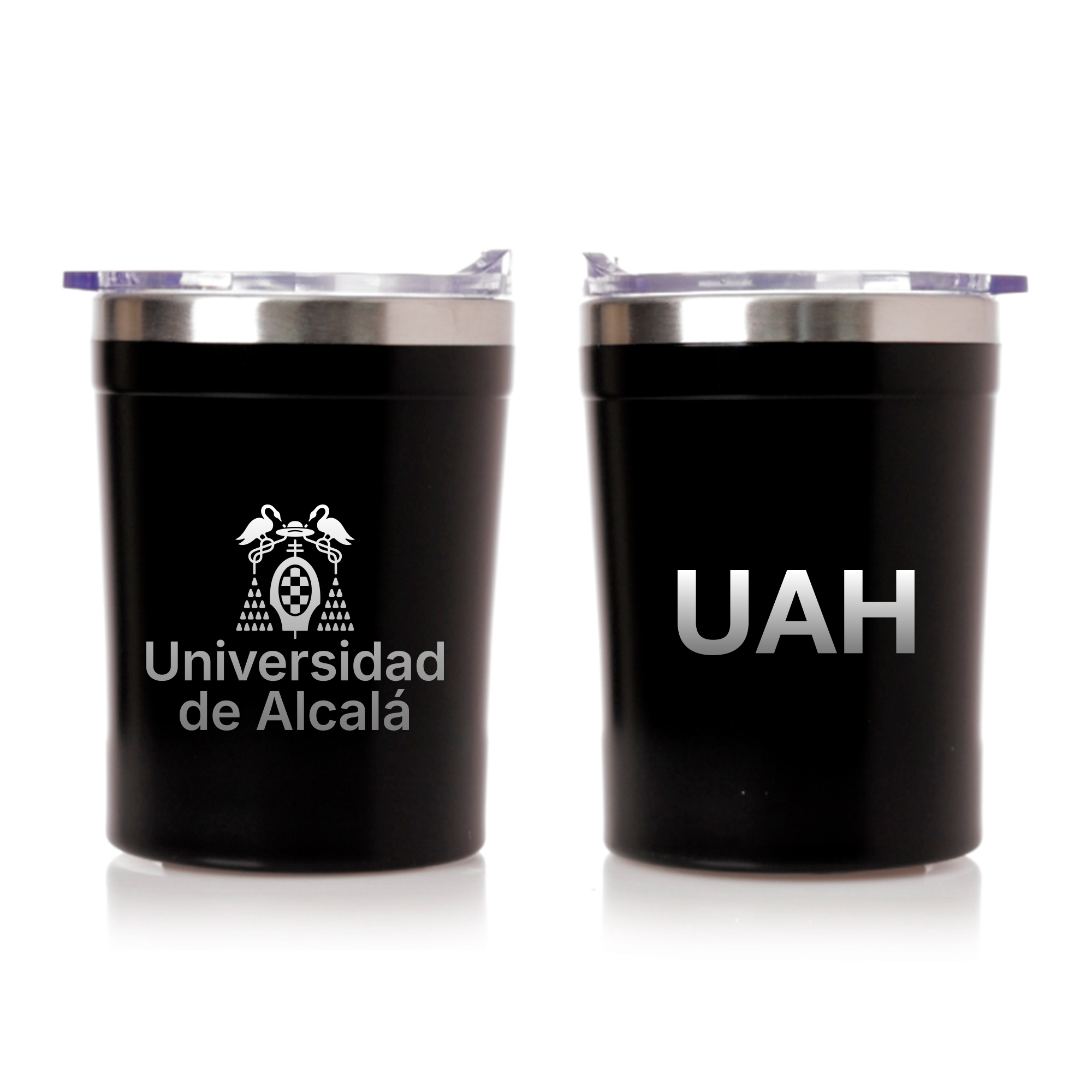 Vaso térmico negro de la Universidad de Alcalá personalizado con escudo y siglas UAH.